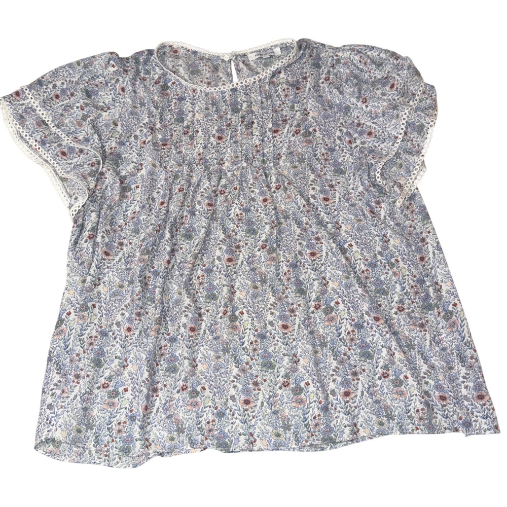 Rose+Olive Floral Blouse 2X Blue Pink Eyelet Lace Trim Flutter Sleeve Top